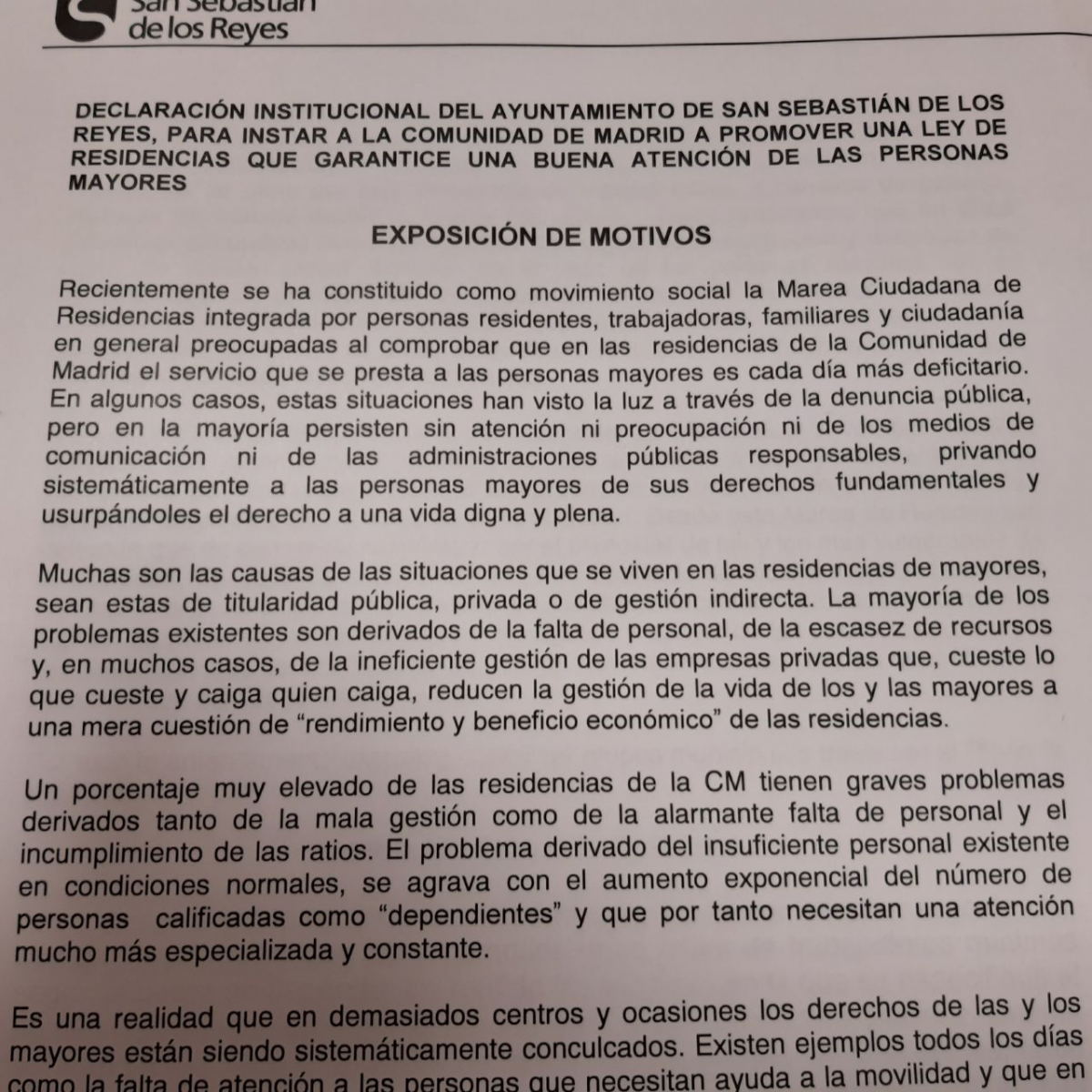 Texto moción al Ayuntamiento San Sebastián Reyes